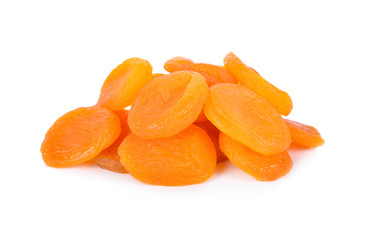 pile of dried ripe apricots on white background