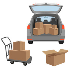 Estate car with opened trunk and cardboard boxes inside. House move or relocation. Vector illustration isolated on white background. © Polina
