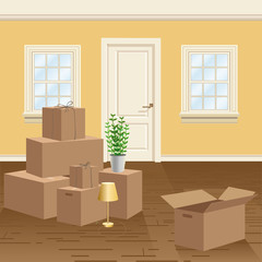 Room interior with cardboard boxes. Home move vector illustration. Moving in new house. Hiring and leasing of buildings