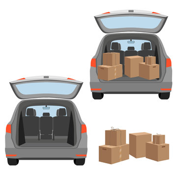 Estate car with opened trunk and cardboard boxes inside. House move or relocation. Vector illustration isolated on white background.