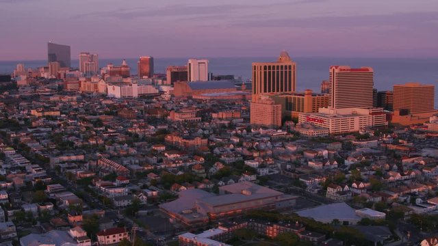 Atlantic City, New Jersey circa-2017, Aerial view of Atlantic City in evening sunlight.  Shot with Cineflex and RED Epic-W Helium. 