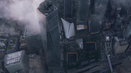 New York City circa-2017, High angle view of One World Trade Center and World Trade Center Memorial.  Shot with Cineflex and RED Epic-W Helium. 