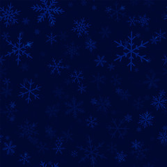 Transparent snowflakes seamless pattern on dark blue Christmas background. Chaotic scattered transparent snowflakes. Neat Christmas creative pattern. Vector illustration.