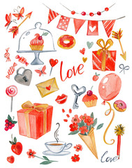 set for Valentine's day, watercolor illustration