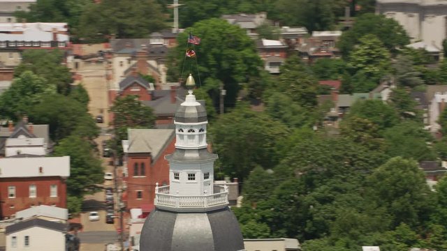 Annapolis, Maryland circa-2017, Aerial view of Maryland State House dome.  Shot with Cineflex and RED Epic-W Helium. 