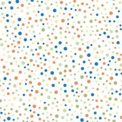 Colorful polka dots seamless pattern on white 6 background. Delicate classic colorful polka dots textile pattern. Seamless scattered confetti fall chaotic decor. Abstract vector illustration.