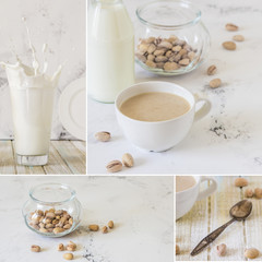 Collage with milk, coffee and pistachio on a light background