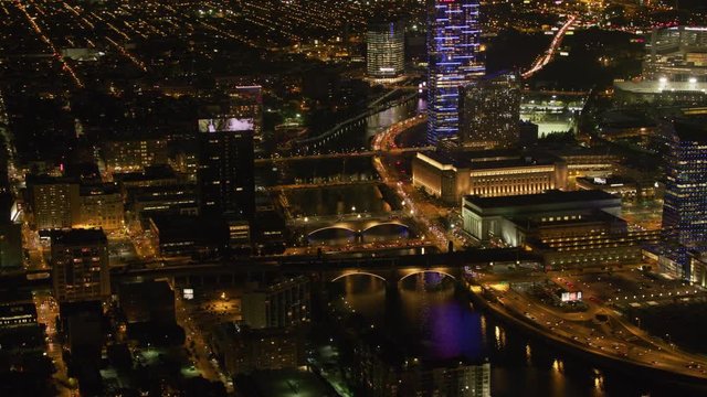 Philadelphia, Pennsylvania circa-2017, Aerial view of train station and post office buildings along the Schuylkill River.  Shot with Cineflex and RED Epic-W Helium. 
