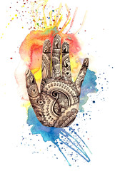 A watercolor drawing of a human hand, palms with a mehendi knot, an Indian pattern, with bright paint divorces and splashes on the theme of a holi festival, for decor and a postcard on a white backgro