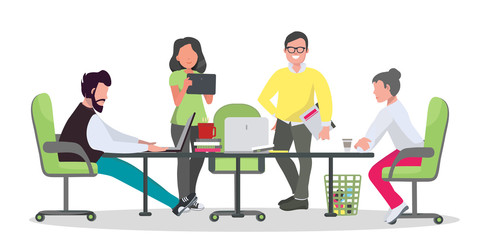 Сoworking center concept. People working in open space office. Business meeting. Flat style illustration.
