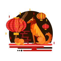 Chinese New Year 2018 dog concept. Flat style iilustration with dog, mandarin and chinese lantern. Christmas and new year party concept design with animal and fruit.