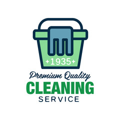 Home and apartment cleaning service logo in linear style. Green bucket with blue rag icon. Flat vector design for flyer, poster, company or agency insignia