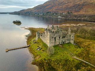 Aerial view of Kilchurn Castle on Loch Awe in Argyll and Bute, Scottish Highlands