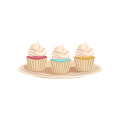 Three cupcakes with whipped cream. Colored and tasty muffins on a plate. Concept of delicious dessert. Cartoon flat vector design for menu, flyer, poster, banner