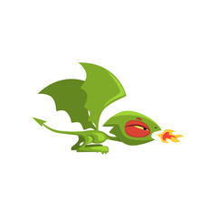 Angry little dragon breathing fire. Green fairy tale creature with large wings and long tail. Cartoon flat vector design for mobile app icon, computer game or sticker