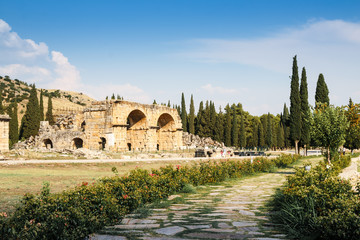 Fototapeta premium Ruins of the ancient city Hierapolis in Pamukkale, Turkey in a beautiful summer day