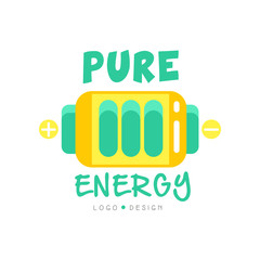 Fototapeta premium Pure energy logo original design with colorful battery. Alternative source of power. Eco-friendly business label. Flat vector isolated on white.