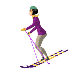 Pretty young woman on mountain skiing on isolated background. Fl