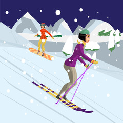 Pretty young woman skiing in mountains at night. Winter sports v