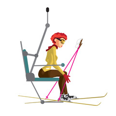 Young woman with skis is climbing the ski lift to the top of the
