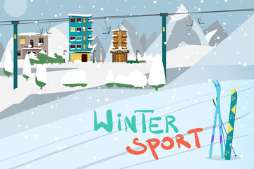 Winter card background. Mountains, snowboard and ski equipment i