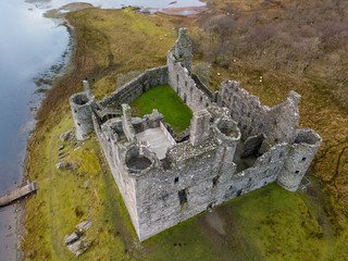 Aerial view of Kilchurn Castle on Loch Awe in Argyll and Bute, Scottish Highlands