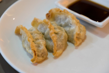 Fried Gyoza and soy sauce on the dish, Japanese food.