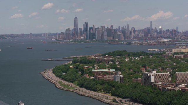 New York City, New York circa-2017, Aerial shot of Brooklyn and Manhattan in New York City.  Shot with Cineflex and RED Epic-W Helium. 