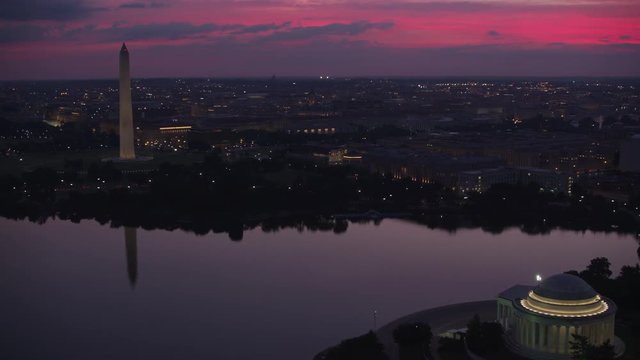 Washington, D.C. circa-2017, Flying over Jefferson Memorial and Tidal Basin towards the Washington Monument.  Shot with Cineflex and RED Epic-W Helium. 