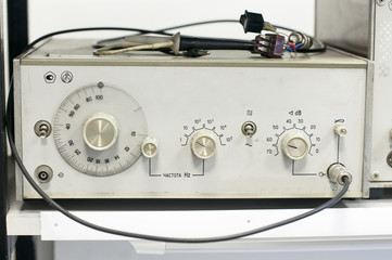 buttons and coaxial connectors of laboratory function generator with frequency counter