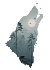 Fototapeta premium silhouette of the head of the howling wolf. Inside it is a night forest with a bear and birds. Vector illustration, white background, isolated object