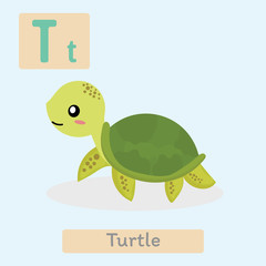 Cute animal alphabet. T letter. Cute Turtle