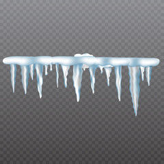  Realistic icicles with snow set on transparent background. Vector illustration.