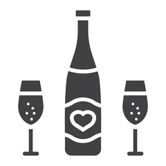 Bottle of champagne with glasses glyph icon, valentines day and romantic, alcohol sign vector graphics, a solid pattern on a white background, eps 10.