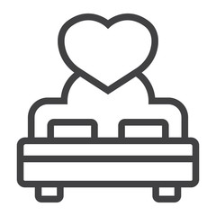 Lovers bed with heart line icon, valentines day and romantic, sex sign vector graphics, a linear pattern on a white background, eps 10.