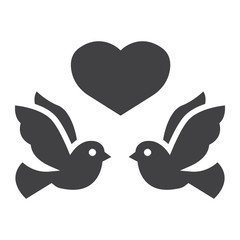 Wedding doves with heart glyph icon, valentines day and romantic, wedding sign vector graphics, a solid pattern on a white background, eps 10.