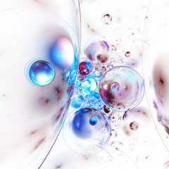 Abstract colorful glowing drops and sparkles on white background. Fantasy blue and brown fractal texture. Close-up view. Digital art. 3D rendering.