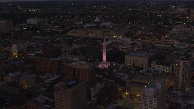 Baltimore, Maryland circa-2017, Washington Monument in downtown Baltimore at night.  Shot with Cineflex and RED Epic-W Helium. 