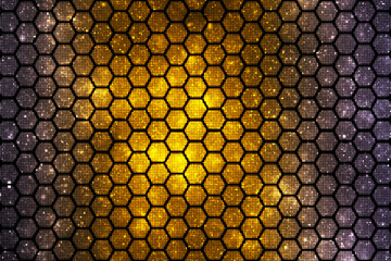 Abstract hexagonal texture with golden and silver sparkles. Fantasy geometric fractal design. Digital art. 3D rendering.