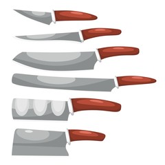 Collection of knives on a white background. Vector illustration of a set of kitchen knives in a cartoon style. Chef's Tools