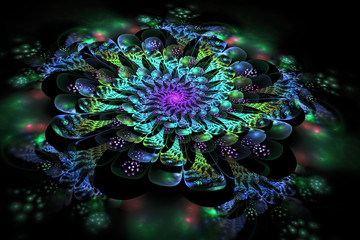 Obraz premium Abstract exotic flower with blue and green textured petals. Fantasy fractal composition. Psychedelic digital art. 3D rendering.