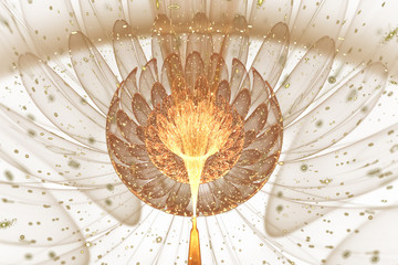 Abstract exotic golden flower with sparkling drops. Fantasy fractal composition. Psychedelic digital art. 3D rendering.