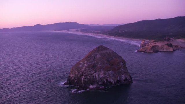 Pacific City, Oregon circa-2017, Aerial shot of Haystack Rock in Pacific City, Oregon.  Shot with Cineflex and RED Epic-W Helium. 