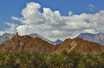 Fototapeta na wymiar When clouds present its textures , Mountains beauty show up in front of Data palms trees. 
