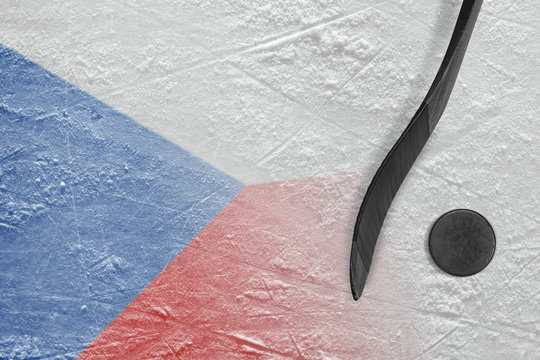 Image of the Czech flag and hockey stick with a puck