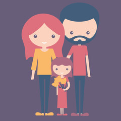Violet color concept of young happy family mom dad and daughter