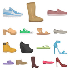 A variety of shoes cartoon icons in set collection for design. Boot, sneakers vector symbol stock web illustration.