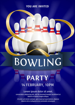 Bowling Party Flyer Template Illustration. Bright Bowling tournament poster with ribbon. 3d ball and skittles composition. Bowling backgrounds for banner, poster, flyer, label design.