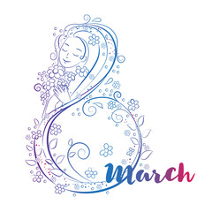 Colored 8 March day concept isolated on a white background. Woman with text. Vector illustration.
