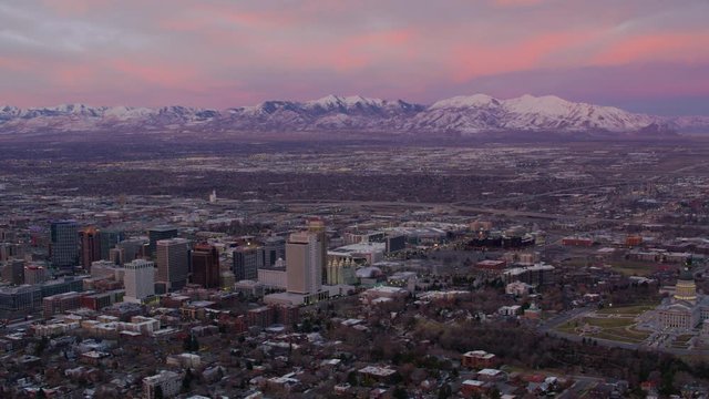 Salt Lake City, Utah circa-2017, Aerial shot of Salt Lake City and Wasatch Mountains at sunrise